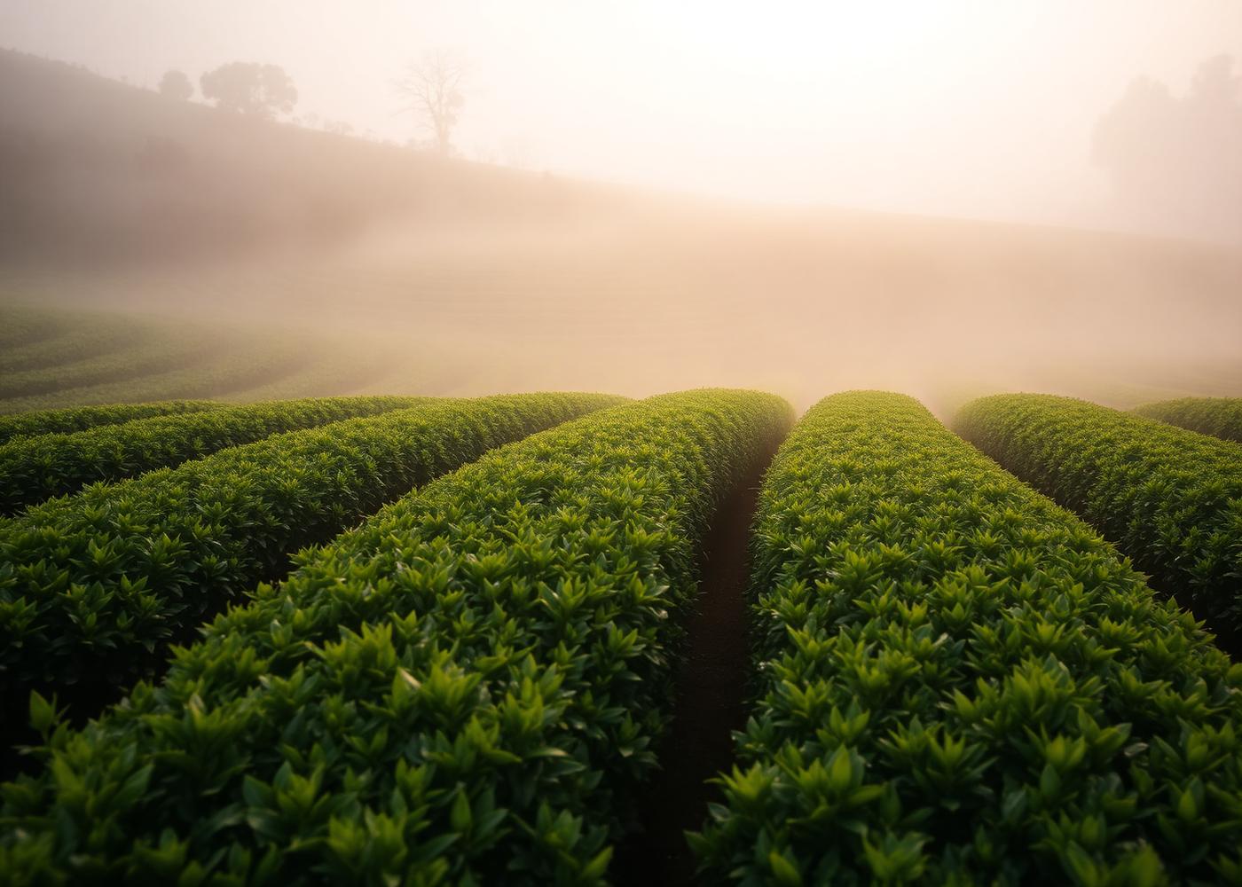Mist over rows of tea bushes in an Indian tea garden at sunrise