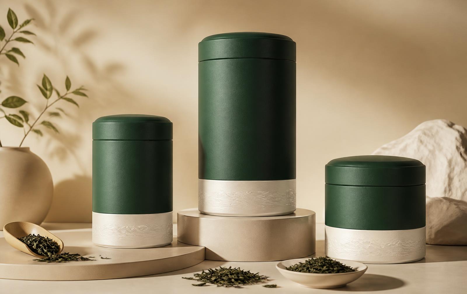 JMP SHUDH tea packaging in deep green and ivory arranged as a premium studio still life