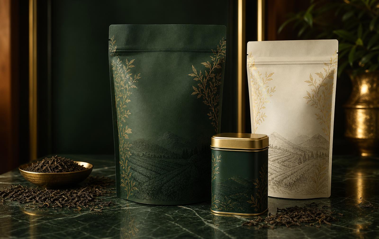 Premium JMP SHUDH tea pouches and tin in deep forest green and ivory with gold leaf detailing on a marble surface
